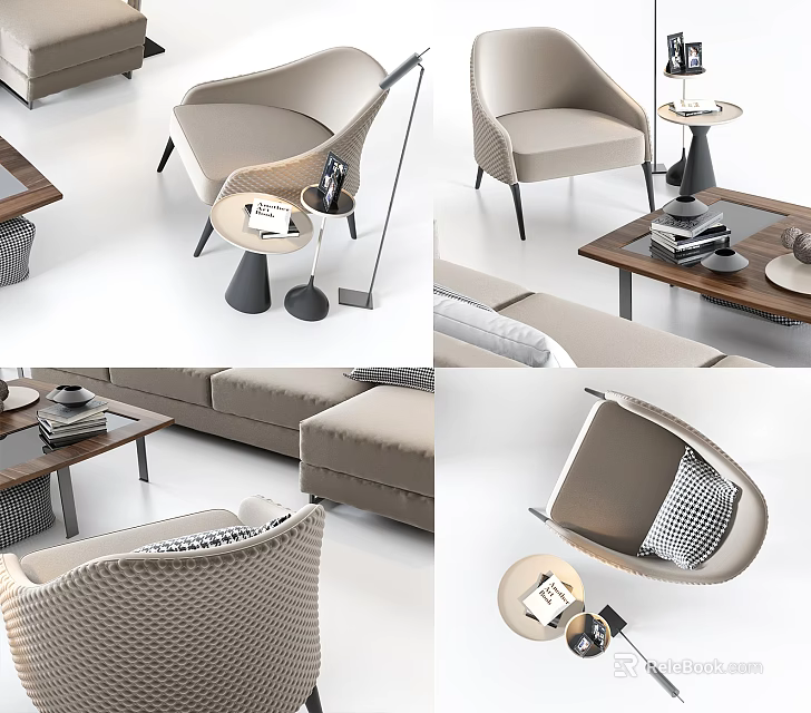 Modern Beige Sofa and Coffee Table Set With Woven Accents and Decorative Pieces 3d model 