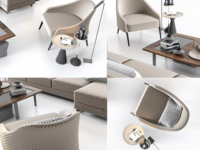 Modern Beige Sofa and Coffee Table Set With Woven Accents and Decorative Pieces 3d model