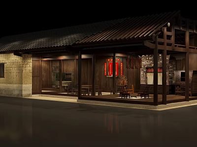 Traditional Ancient Architecture With Wooden Structure Tiled Roof Red Decorations Stone Walls And Warm Lighting 3d model