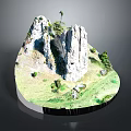 Wooden Stone Natural Landscape Model with Rock Formations and Green Grass