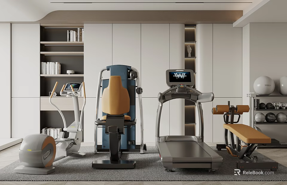 Modern Indoor Gym Space With Treadmill Exercise Chair Elliptical Dumbbells And Neat Shelves 3d model 