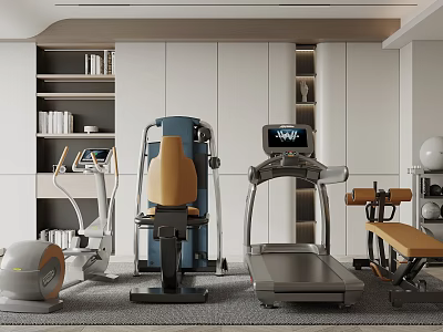 Modern Indoor Gym Space With Treadmill Exercise Chair Elliptical Dumbbells And Neat Shelves 3d model