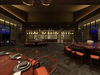 Banquet Hall Interior Design With Round Dining Tables Red Chairs And Chandeliers 3d model