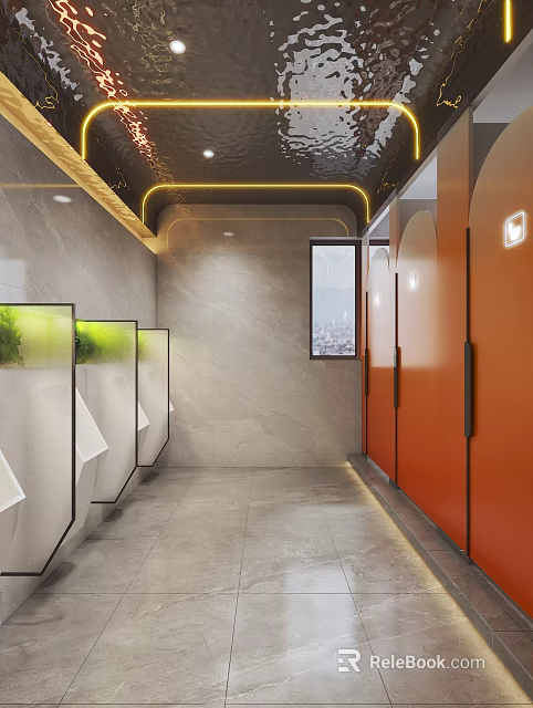 Modern Public Restroom Design With Gray Marble Walls Orange Cubicle Doors And Green Plants 3d model 