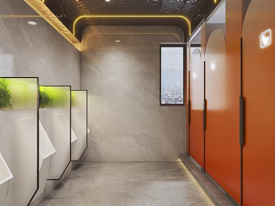 Modern Public Restroom Design With Gray Marble Walls Orange Cubicle Doors And Green Plants 3d model