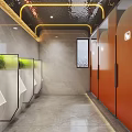 Modern Public Restroom Design With Gray Marble Walls Orange Cubicle Doors And Green Plants