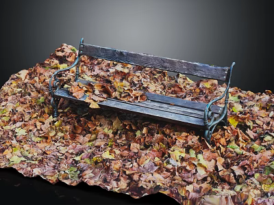 Rustic Wooden Bench Surrounded by Colorful Fallen Leaves with Metal Armrests 3d model