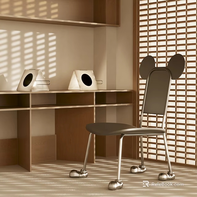 Unique Leisure Chair With Mickey Ear Shaped Backrest Metal Legs And Sunlight Through Window Blinds 3d model 