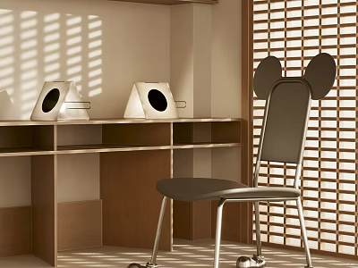 Unique Leisure Chair With Mickey Ear Shaped Backrest Metal Legs And Sunlight Through Window Blinds 3d model