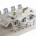 Modern Rectangular Conference Table With Ergonomic Office Chairs Green Plants Notebooks And Gray Carpet 3d model
