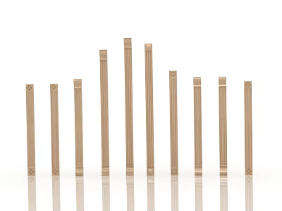 Golden Roman Columns of Various Heights in a Row with Reflections on White Background 3d model
