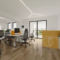 Bright Modern Public Office Space With Glass Partitions Wooden Flooring And Desks
