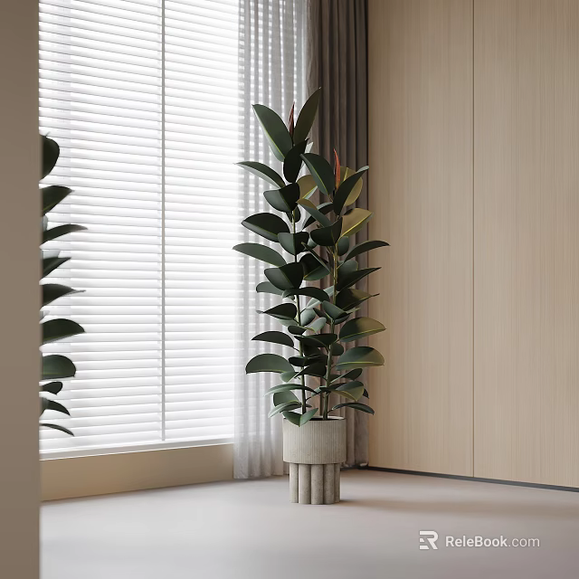 Large Indoor Potted Plant with Cylindrical Pot near Window Blinds and Wooden Wall 3d model 