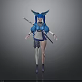 3D Female Character With Blue Hair Wings White Top Blue Skirt Weapon And Boots