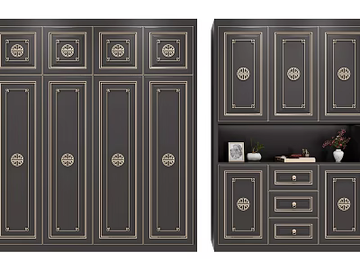 Traditional Chinese Black and Gold Wardrobe with Ornate Patterns Multiple Doors and Drawers 3d model