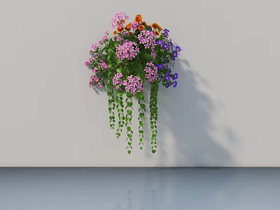 Wall Mounted Potted Plant With Various Colored Flowers Pink Orange Purple And Green Trailing Vines 3d model
