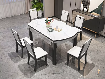 Modern Dining Table Set With White Marble Top And Six Black White Chairs 3d model