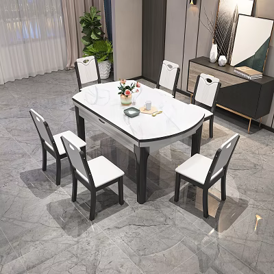 Modern Dining Table Set With White Marble Top And Six Black White Chairs 3d model