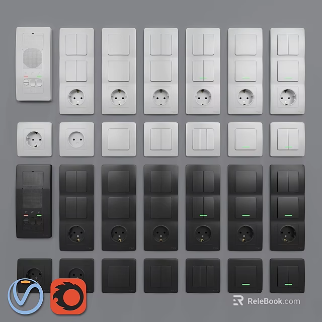 White And Black Electrical Switches And Sockets With Various Designs And Types 3d model 