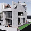 Modern Detached Villa Exterior With Gray Stone Walls Large Glass Windows And Garden Landscaping