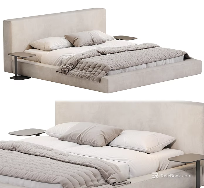 Modern Minimalist Double Bed With Upholstered Beige Headboard Bedside Tables And Soft Quilt 3d model 