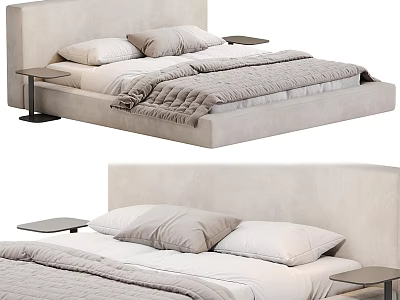 Modern Minimalist Double Bed With Upholstered Beige Headboard Bedside Tables And Soft Quilt 3d model