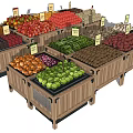 Wooden Display Shelves with Fresh Fruits Vegetables and Price Tags in Market
