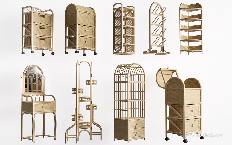 Versatile Storage Racks and Shelves with Rattan Design Drawers Multi Tiered Structures 3d model