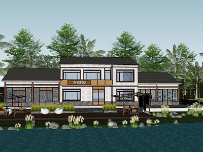 Modern Boutique Hotel Building With Waterfront View Lush Greenery And Large Glass Windows 3d model