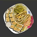 Assorted Sandwich Slices With French Fries Pickles Lemon Wedges Tomato And Onion Slices