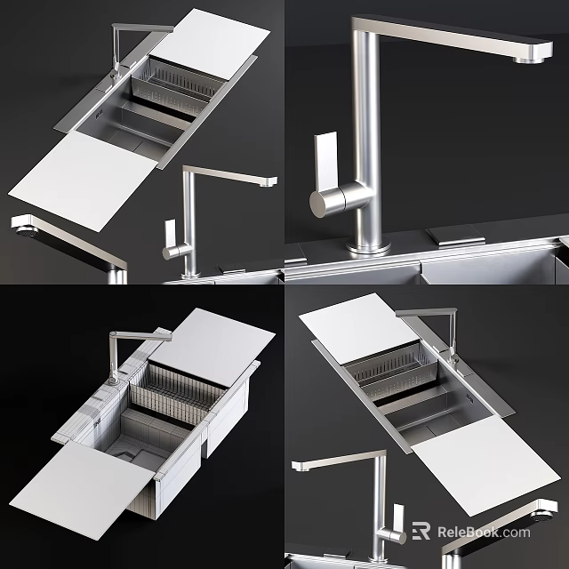 Kitchen Sink Stainless Steel Modern Design With Faucet Drainer And Cutting Board Cover 3d model 