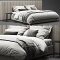Elegant Modern Double Bed With Upholstered Headboard Gray White Pillows And Linen Bedding