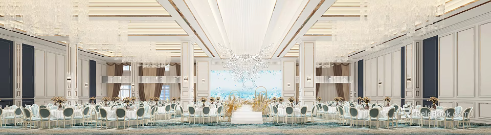 Elegant Banquet Hall Interior Design With White Chandeliers Decorative Wall Tables And Chairs 3d model 