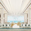 Elegant Banquet Hall Interior Design With White Chandeliers Decorative Wall Tables And Chairs