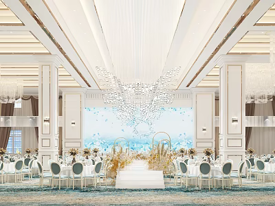 Elegant Banquet Hall Interior Design With White Chandeliers Decorative Wall Tables And Chairs 3d model