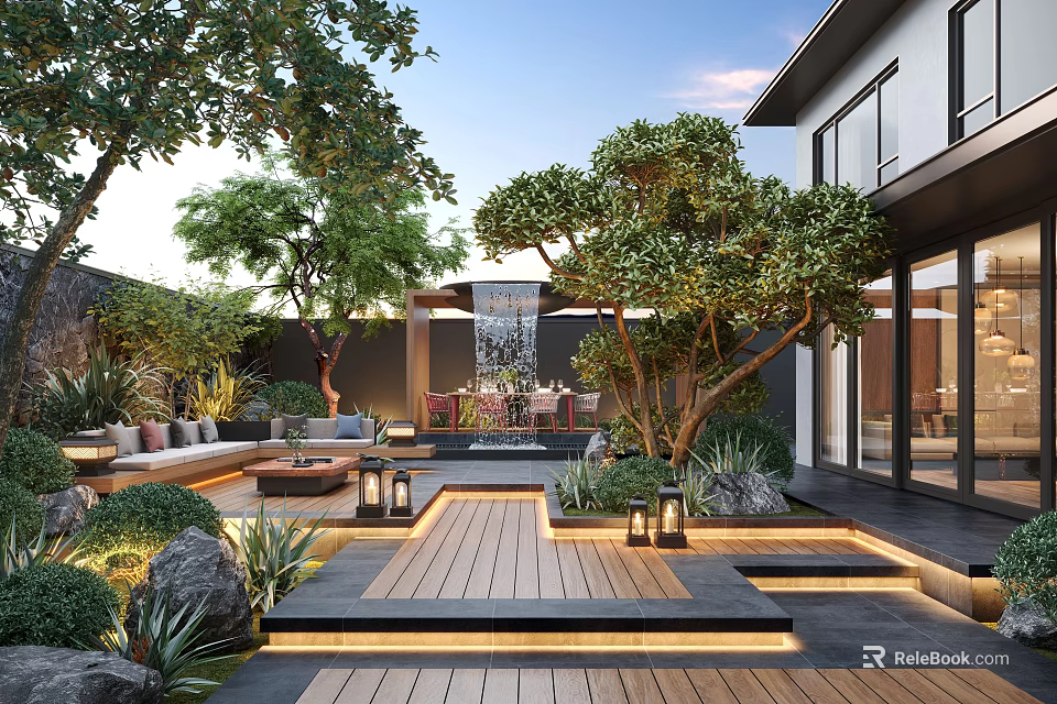 Modern Garden With Wooden Deck Outdoor Sofas Trees Plants Lighting And Connection To House 3d model 
