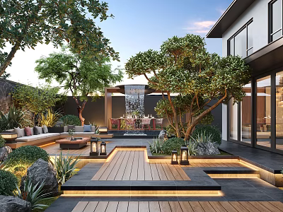 Modern Garden With Wooden Deck Outdoor Sofas Trees Plants Lighting And Connection To House 3d model
