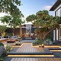 Modern Garden With Wooden Deck Outdoor Sofas Trees Plants Lighting And Connection To House