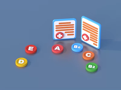 Health Documents with Cross Signs and Colorful Vitamin Buttons E A B6 C D B2 3d model