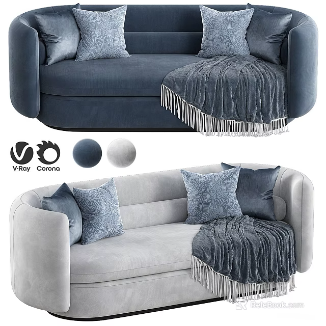 Navy Blue and Gray Upholstered Two Seater Sofa with Pillows and Tassel Blanket 3d model 