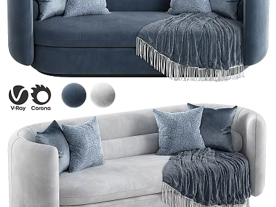 Navy Blue and Gray Upholstered Two Seater Sofa with Pillows and Tassel Blanket 3d model