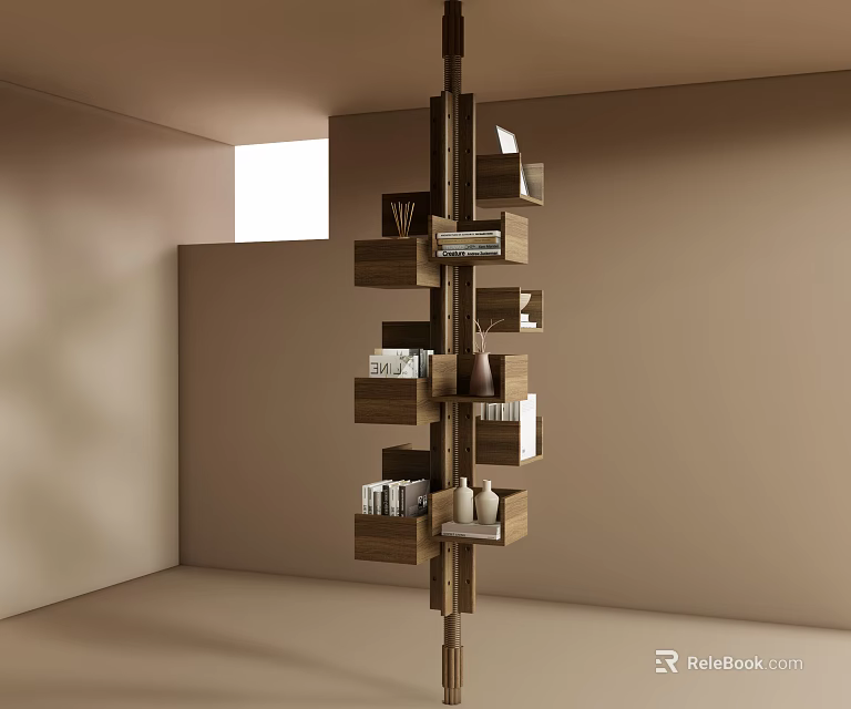 Modern Wooden Bookshelf With Open Shelves And Decorative Items In Bright Minimalist Room Natural Light 3d model 