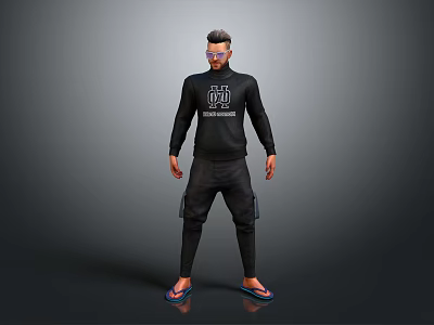 Man Standing In Black Sweatshirt And Black Pants With Sunglasses And Blue Slippers 3d model