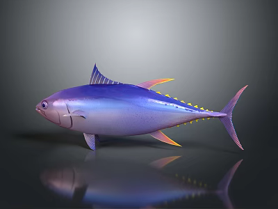 Purple And Blue Tuna Fish With Yellow Fins On Gray Background With Reflection 3d model