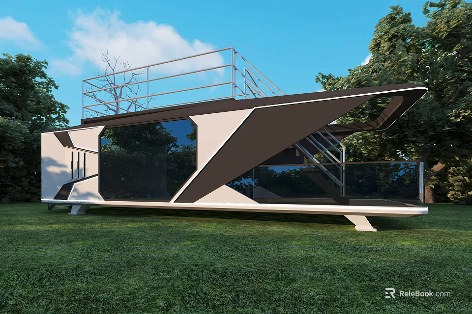 Modern Geometric Guesthouse Building With Glass Windows And Roof Terrace In Green Lawn 3d model 