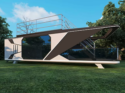 Modern Geometric Guesthouse Building With Glass Windows And Roof Terrace In Green Lawn 3d model