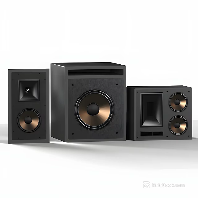 Black Home Audio Speaker System With Golden Drivers And Three Piece Design 3d model 
