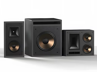 Black Home Audio Speaker System With Golden Drivers And Three Piece Design 3d model
