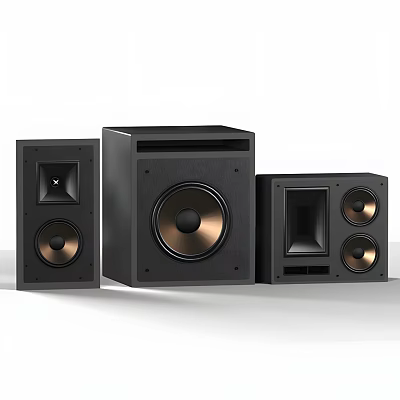 Black Home Audio Speaker System With Golden Drivers And Three Piece Design 3d model