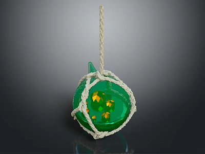 Green Spherical Decorative Object With White Rope Net And Yellow Accents 3d model
